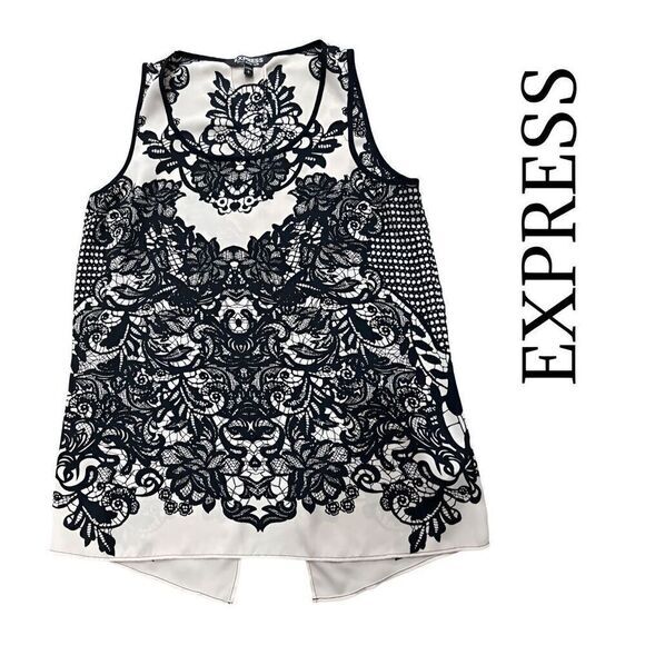 EXPRESS Cream/Black Paisley sleeveless top with back slit Sz S EUC​ - Picture 1 of 9